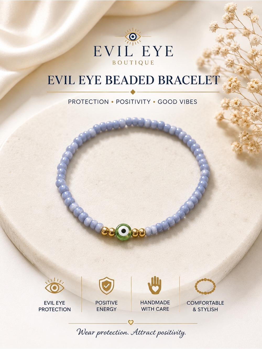 Lavender Beaded Bracelet with Green Eye Accent #30